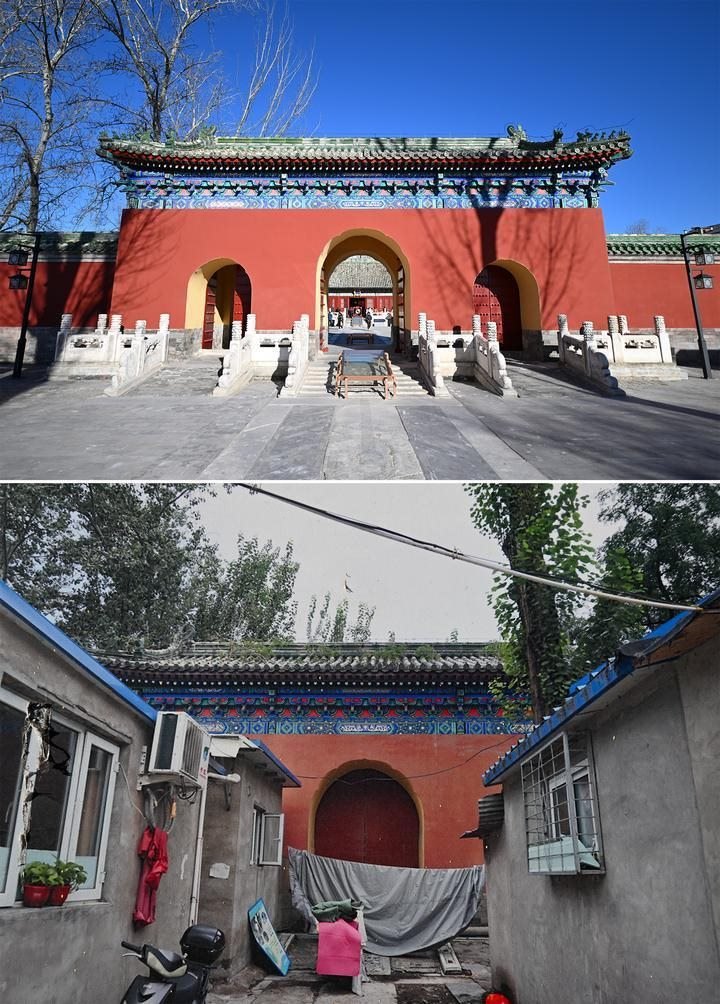 位于先農(nóng)壇內(nèi)的慶成宮，曾長時(shí)間被雜亂的民居占據(jù)。在北京中軸線申遺保護(hù)工作的帶動(dòng)下，北京完成了慶成宮區(qū)域文物征收騰退、非文物建筑拆除、彩畫保護(hù)、本體修繕、展覽布陳等，讓560多年歷史的古建群重新回歸。2024年12月，北京中軸線上先農(nóng)壇內(nèi)的慶成宮首次面向社會(huì)公眾開放。上圖為騰退修繕后的慶成宮內(nèi)宮門（資料照片）；下圖為翻拍的慶成宮內(nèi)宮門騰退修繕前的資料照片（2024年12月21日攝）。